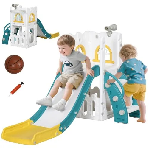 AIYAPLAY Tobogán Infantil 5 en 1 Niños 1-3 Años Telescopio Amarillo y Verde | Aro de Baloncesto, Escalador, Cesta Inferior, para Interior y Exterior