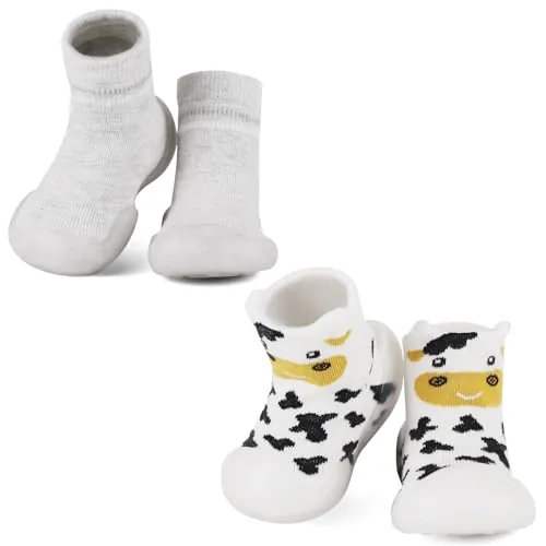 MK MATT KEELY Pack de 2 Zapatos Bebé Primeros Pasos Calcetines con Suela de Goma Niño Niña Zapatillas Antideslizantes Bebé,Gris+Vaca,6-12 Meses