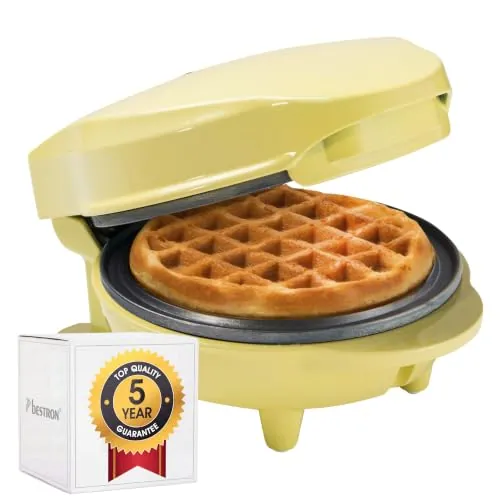 Bestron Mini gofrera, Gofrera para gofres de gofres pequeños, con antiadherente, para cumpleaños infantiles, fiestas familiares, Pascua o Navidad, diseño retro, 550 W, color: Amarillo
