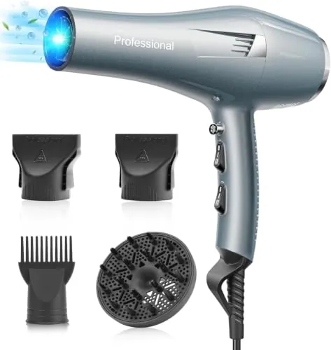 Secador de pelo profesional iones, Hair Dryer iónico con 1 difusor, 2 boquillas de peinado, 3 temperaturas, aire frío y caliente, secado rápido para todo tipo de cabello (Azul Claro)