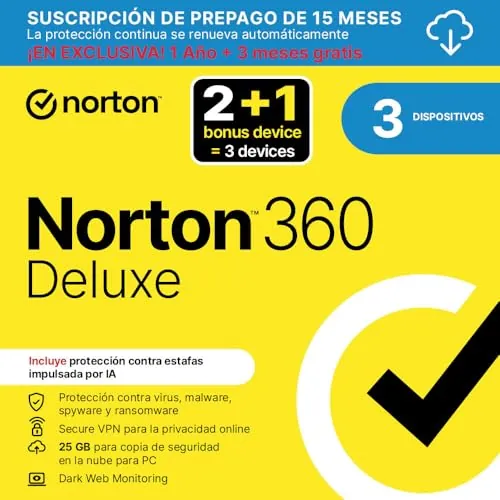 Norton 360 Deluxe 2026 |Antivirus 2+1 Dispositivos|15 meses con renovación automática| Descarga digital