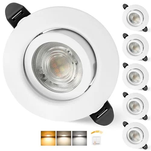 Aulaiyi 3CCT Downlight LED Techo Empotrable 230V Regulable 68mm 5.5W IP44 Ojos de Buey Extraplano Focos LED Interior Techo 45° Giratorio Foco Empotrable para Baños, Blanco 6 Pack