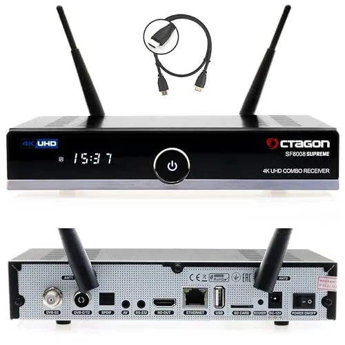 Octagon SF8008 UHD 4K Supreme Combo Receptor de cable satélite y receptor DVB-T2, E2 Linux y Define OS, con función de grabación PVR, llave M.2 M, Gigabit LAN, Bluetooth, lector de tarjetas