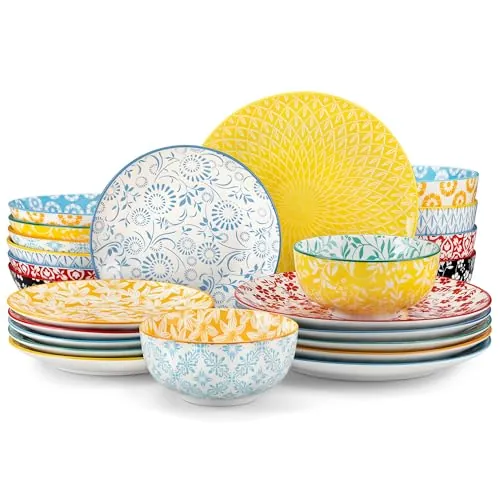 vancasso SELENE Vajillas Completas 6 Personas, Juego de 24 Piezas Vajillas en Porcelana Pastel - 6 Platos Llanos, 6 Platos de Postre, 6 Cuencos para Pasta y 6 Cuencos, Apto para Lavavajillas