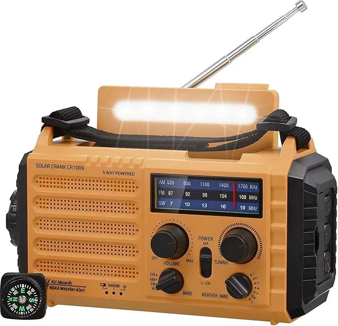 5000mAh Radio Solar, Radio de Emergencia Portátil con Manivela, Radio Dynamo Weather Am/FM, Cargador de Teléfono USB, Linterna LED y Luz de Lectura, Alarma SOS, Brújula para Acampar al Aire Libre