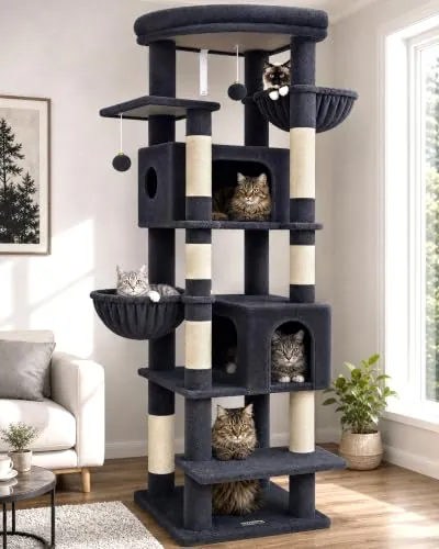 Globlazer Árbol Rascador Grande Alto 188 cm con 2 Grandes Nidos, 48 * 48CM Plataformas Acolchada, 2 Felpa Cesta, Estable Árbol Torre para Grande Gato 3-5 Adulto Gatos Más de 5 kg (S74, Gris Oscuro)