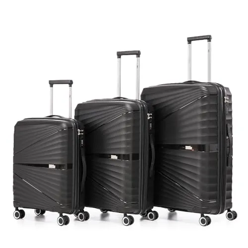 1990s Juego de Maletas expandibles Polipropileno 3 Piezas|Maleta Cabina 55x39x21.5cm|Mediana expandible 65cm|Grande Extensible 75cm (Negro)