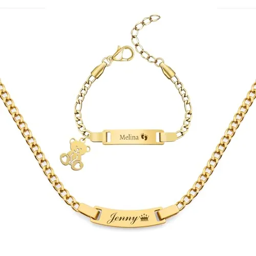 Malihome Conjunto de pulsera y collar personalizados con grabado personalizado de nombre, texto y fecha de nacimiento para bautizos, bebés y mamás primerizas. (Bracelet & Necklace (Set))