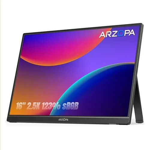 ARZOPA 16.0" 2.5k Monitor Portátil, Pantalla Portatil HDR 2560x1600, 8bit QHD, Monitor Portátil USB-C HDMI para Portátil, 16:10 IPS, Soporte Unipolar para Mac PC PS4/5 Xbox Switch Z1RC