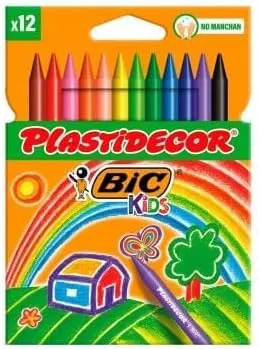 BIC Kids Plastidecor - Ceras para colorear, antimanchas para actividades creativas en casa y el colegio, Blíster de 12 Unidades (Paquete de 1), Colores surtidos, Clásico