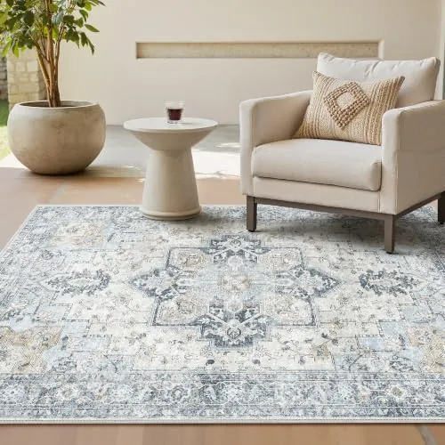 GENIMO Alfombra Salon Vintage Alfombras de Área Lavables en Máquina, Alfombras con Base Antideslizante, Alfombra de Dormitorio de Pelo Corto para Cocina, Comedor, Azul, 160X230CM