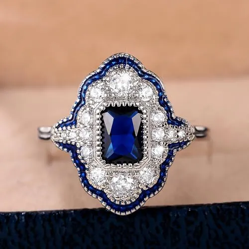 Exquisito anillo de compromiso de estilo vintage para mujer, circón azul, anillo de compromiso, boda, joyería de promesa, 8, Latón, Circonia cúbica