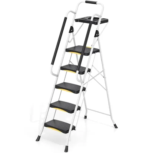 Urackify Escalera 5 Peldaños Plegable con Bandeja, Carga 150kg