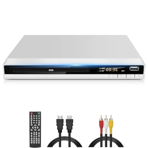 Reproductor de DVD HD 1080P, DVD-168 Reproductor de DVD Gratuito Multiregión para TV, Reproductor de CD y DVD Doméstico con Entrada USB Salida HDMI RCA, Compatible con Discos DVD CD (Blanco)