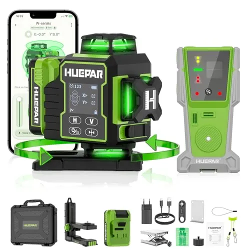 Huepar Nivel Laser Autonivelante 360° con Receptor,Nivel Láser Verde 16 Líneas Bluetooth,2 x 360 Horizontal y 2 x 360 Verticales，Batería,Cuerda anticaídas,Soporte magnético,para Construcción