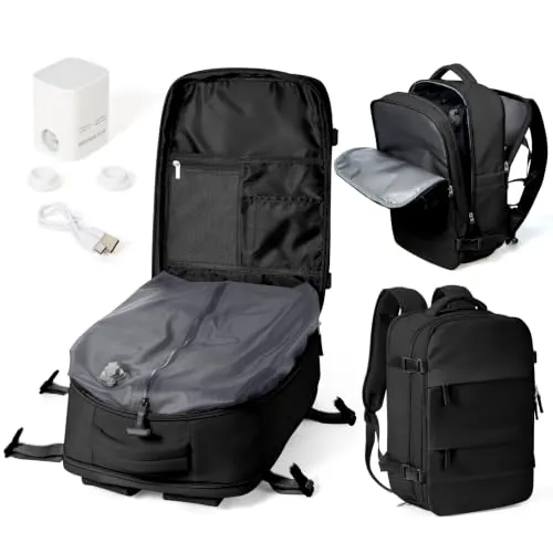 WEPOET Mochila de Viaje al Vacío con Bomba, Impermeable Mochila de Compresión al vacío, Mochila Viaje Cabina 40x30x20 Ryanair con Sistema de Compresión Hombre y Mujer Negro