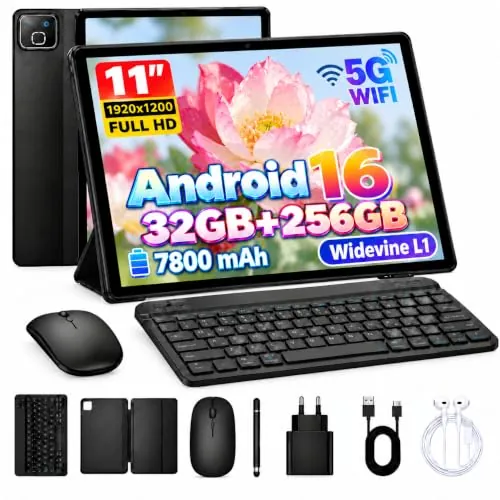 NIDUBIO 2026 Tableta Android 16 con Teclado y Lápiz, Tableta de 11 Pulgadas 32GB RAM+256GB ROM+Ampliable hasta 1TB, 7800mAh, Tableta 2 en 1 Kit 8 en 1 con Funda, Ratón, Auriculares y Cargador (Negro)