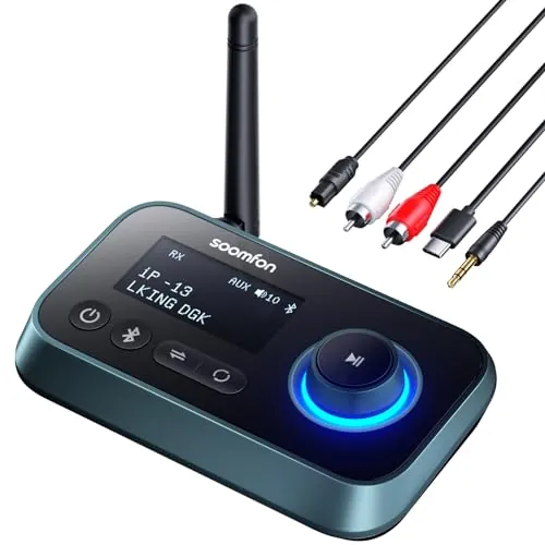 ​SOOMFON Transmisor Receptor Bluetooth 5.3, 3 en 1 Adaptador Audio con Pantalla LCD, Emisor Receptor Bluetooth para TV, Auriculares, Altavoces, Emisor Adaptador con Aux 3.5mm, RCA, Cable Óptico