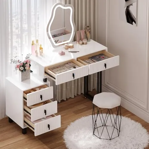 WOLTU Tocador con Espejo Nube, Taburete, Luz LED, Mesa Maquillaje