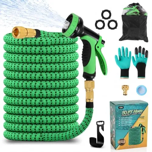 Manguera de Jardín Extensible, Manguera de Agua Flexible con Boquilla de Pulverización de 10 Funciones y Conectores de Latón de 3/4" Garden Hose con para Lavado de Coche, Patio, y Mascota (50FT/15M)