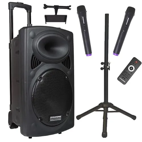 DYNASONIC Dynapro Altavoz Autoamplificado Potente 15"/1000W, Altavoz Bluetooth Portátil 2 Micrófonos, Sistema PA, TWS, USB/SD y Batería Larga Duración. Ideal para Exterior
