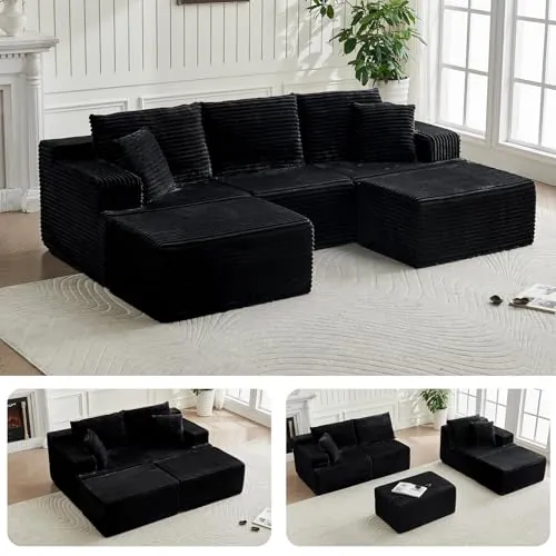 TEYVOKS Sofá Modular en U de 262cm, Sofá de Espuma sin Montaje, Negro