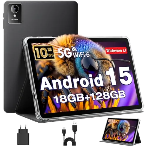 Tablet 10 Pulgadas, Tableta Android 15 con Funda, Unisoc T30 Quad-Core, 18 GB RAM + 128 GB ROM + 1 TB TF, Pantalla HD IPS 1280x800, Cámara Dual 5MP + 8MP, 6000 mAh, WiFi 6, BT 5.0, Widevine L1