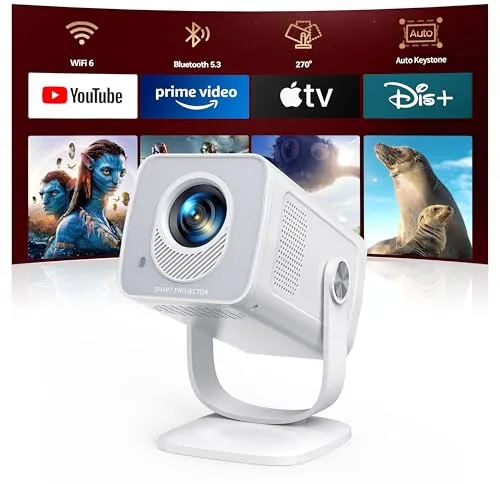 Proyector【Android 14 App Integrada & Auto Keystone】 Proyector Portátil 4K/1080P Soporte Tiro Corto WiFi 6 Bluetooth 5.4 con Rotación de 270°, TOPTRO MiniProyector Cine en Casa/Exterior para Móvil/USB