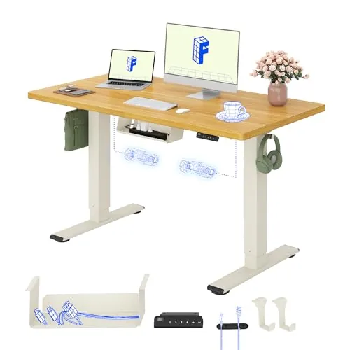 FLEXISPOT Escritorio Elevable Eléctrico con Tablero Completo y Doble Motor, 120x60 cm, Altura Regulable con Memoria, Accesorios incluidos, Sistema Anticolisión, Mousse Blanco+Arce