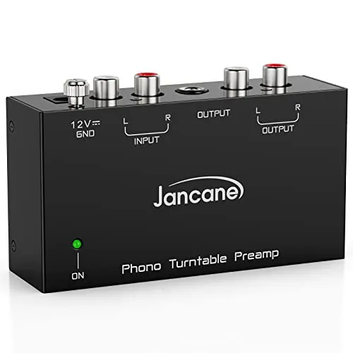 Preamplificador Phono, Mini Amplificador Audio, Preamplificador estéreo de Audio electrónico con Entrada RCA, Salida RCA/TRS, Funcionamiento de bajo Ruido, con Adaptador de 12 V