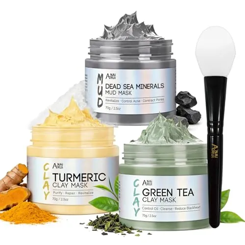 ANAiRUi Mascarillas Faciales de Cúrcuma + Mascarilla Arcilla Té Verde + Mascarilla de barro del Mar Muerto - Para limpieza facial profunda, hidratante e purificante, desintoxicante, 210g