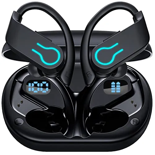 Paekole Auriculares Inalámbricos Bluetooth Deportivos con Gancho, 120H Reproducción con Pantalla LED