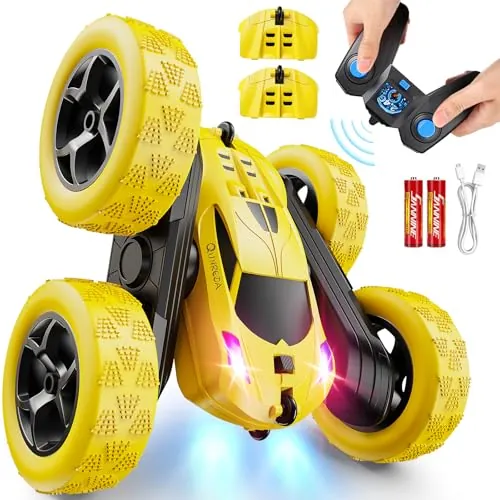 QUNREDA Coche Teledirigido RC Stunt Car 4WD 2,4 GHz – 360° Volteos, Luces LED, Baterías Modulares USB-C,Juguetes para Niños 6-12 Años, Regalo de Cumpleaños (Amarillo)