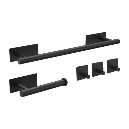 Ibergrif M34452B Juego de Toallero de Baño, Contiene Toallero Adhesivo, Portarrollos para Papel, 3 Gancho para Toallas, Acero Inoxidable, Negro