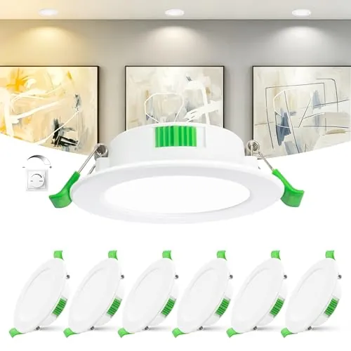 Laiebri Pack de 6 Focos LED Empotrables Extra Planos 25 mm, 6W Regulables 0-100% con Regulador Externo, 2700K/4000K/6000K, IP44 Downlight LED Baño, CRI90, Corte Ø55-68 mm, 230V, Blanco