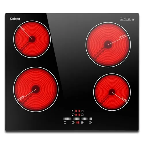 Karinear Placa Vitroceramica 4 Fuegos, Función Pausa, Control Deslizante, 9 Niveles de Potencia, Bloqueo de Seguridad, Vitrocerámica 60 CM, 220 V ~ 240 V, 6000 W, Sin enchufe