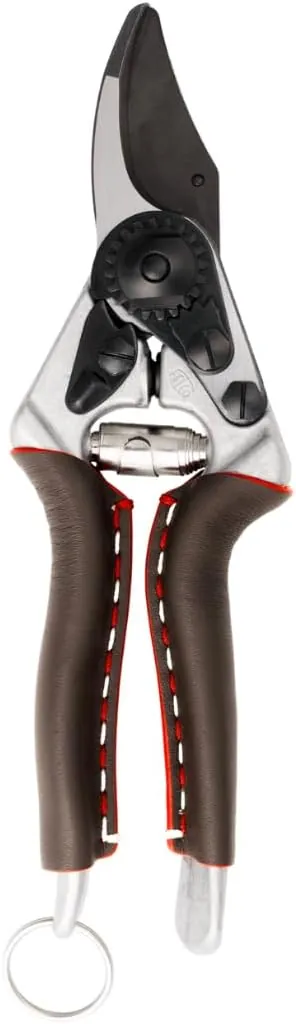 FELCO 6 ELITE tijera ergonómica compacta para diestros mano mediana, mangos de cuero, hoja F-Tech negra, corte 20 mm, 195 mm, herramienta duradera suiza