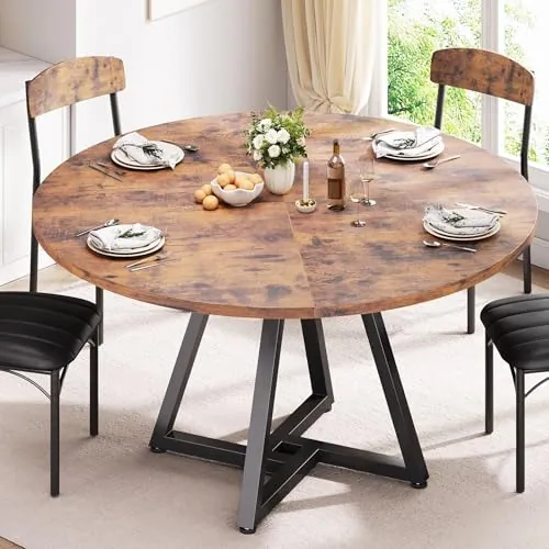 Jocoevol Mesa de Comedor Redonda para 4 Personas, Mesas de Cocina Industrial con Estructura Metálica Estable, Marrón Vintage, 107x107x76 cm