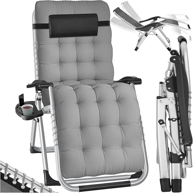 tectake® Silla Tumbona Plegable para Playa y Jardín, Cojín Cabezal Extraíble, Estructura de Acero, Mesa Auxiliar, Ideal para Camping y Picnic, Silla Exterior Terraza - 1 Tumbona Gris Claro
