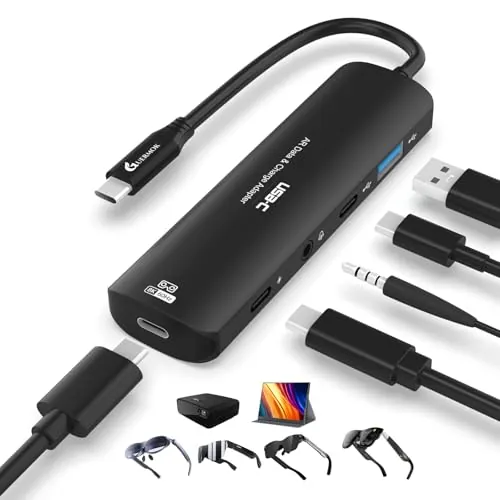 Guermok Adaptador 5 en 1 USB-C para Gafas AR, 100W PD, 8K@60Hz, USB/Tybe-C – Compatible con X Real Air/2 Pro/One, Ray Neo, Rokid, Switch, Phone 15/16 – Negro
