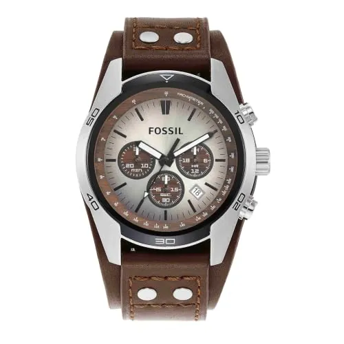 Fossil Reloj para Hombre Coachman, Movimiento cronógrafo de Cuarzo, Caja de Acero Inoxidable Plateado de 45mm con Correa de Piel auténtica, CH2565