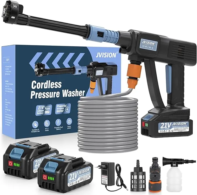 Hidrolimpiadora a Batería, Pistola de Agua a Presión 21V Hidrolimpiadora Eléctrica Portátil con 2 Baterías y Tubo de 5 m, Lavadora Inalámbrica para Coche, Jardín, Terraza, Césped y Riego