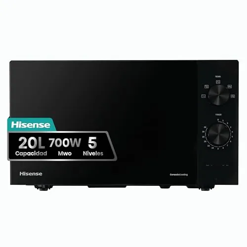 Hisense H20MOBP1, Microondas, Capacidad de 20 L, 700 W de Potencia, Temporizador 30 Min, Modo Descongelar, Tirador, Estándar, Color Negro