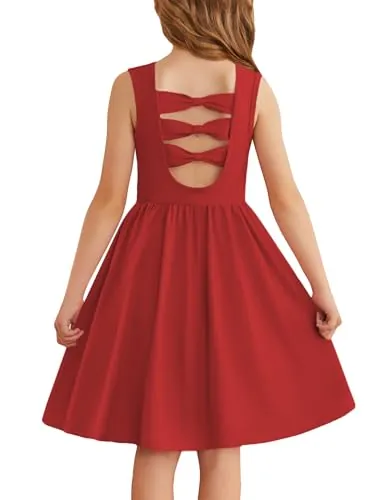 Arshiner Niñas Vestidos Sin Mangas Niños Volver Lazo Vestido de Verano Infantil Algodón Elegante Vestidos Ocio con Cuello Redondo Swing Vestidos Fiesta para Niñas 5-6 Años Rojo