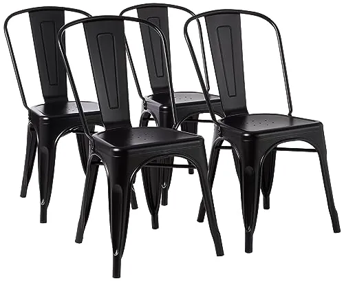 Amazon Basics Paquete de 4 sillas de comedor de metal apilables con respaldo para bistró, cocina, interior y exterior, Negro, 51 x 43 x 85 cm