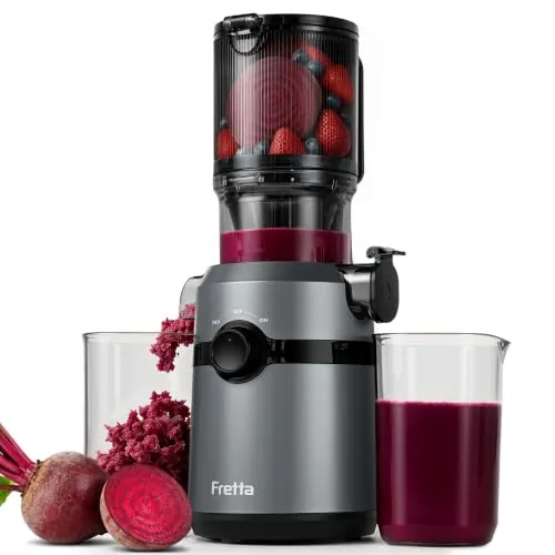 Fretta Extractor de Zumos y Verduras, Apertura de 108MM, Licuadora Prensado en Frio para Verduras Frutas Enteras, 200W Slow Juicer Machine, Fácil Montaje y Limpieza, Sin BPA (1L,Gris)