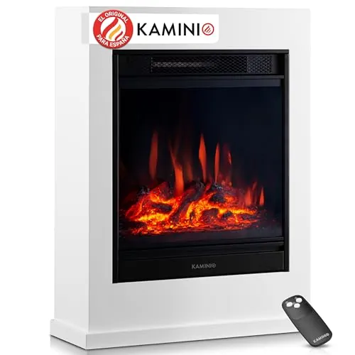 KAMINIO Chimenea eléctrica Kalle - Chimenea eléctrica de pie con calefacción, Efecto de Llama 3D, Control Remoto (Blanco)