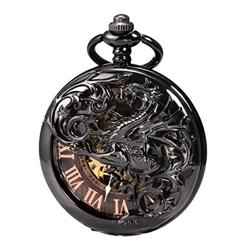 Treeweto - Reloj de Bolsillo con Esfera de Esqueleto con Cadena para Hombres y Mujeres + Caja, 5.Bronce marrón, 5.Bronce marrón