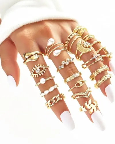Juego de 23 anillos de moda, estilo geométrico y acento bohemio, adecuado para todo tipo de uso, accesorios de San Valentín, 23P, Metal, Sin piedras preciosas
