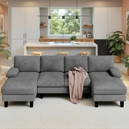 Xbro Sofá 4 Plazas en Forma de U, con Chaise Longue, Práctico y Funcional,Sofá de Corduroy para Salón, 270 x 122 x 86 cm, Gris Oscuro